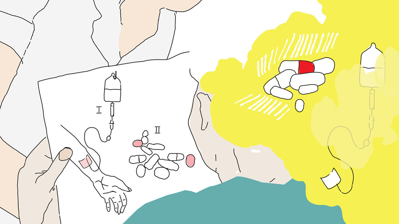 Illustrasjonen viser en pasient som holder et skjema med bilde av tabletter, blodoverføringspose osv., og så ses de samme illustrasjonene på toppen av hodet, som en slags tenkeboble
