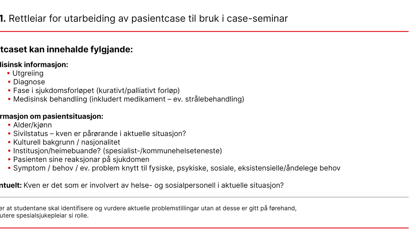Tabell 1. Rettleiar for utarbeiding av pasientcase til bruk i case-seminar