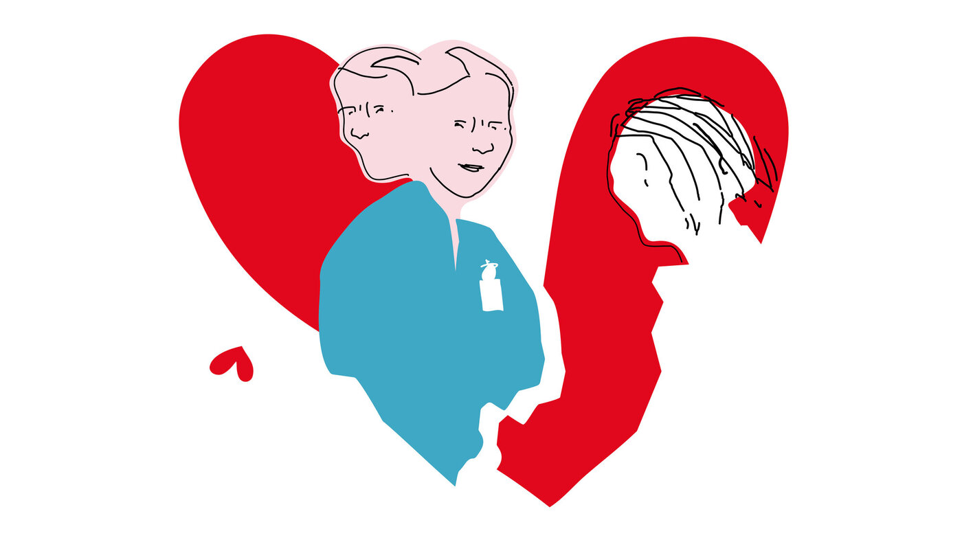 Forelsket i pasient Illustrasjonen viser en sykepleier som skuer fremover mot en pasient. Begge er inni et hjerte. Samtidig ser sykepleieren bakover, og et lite hjerte faller nedover