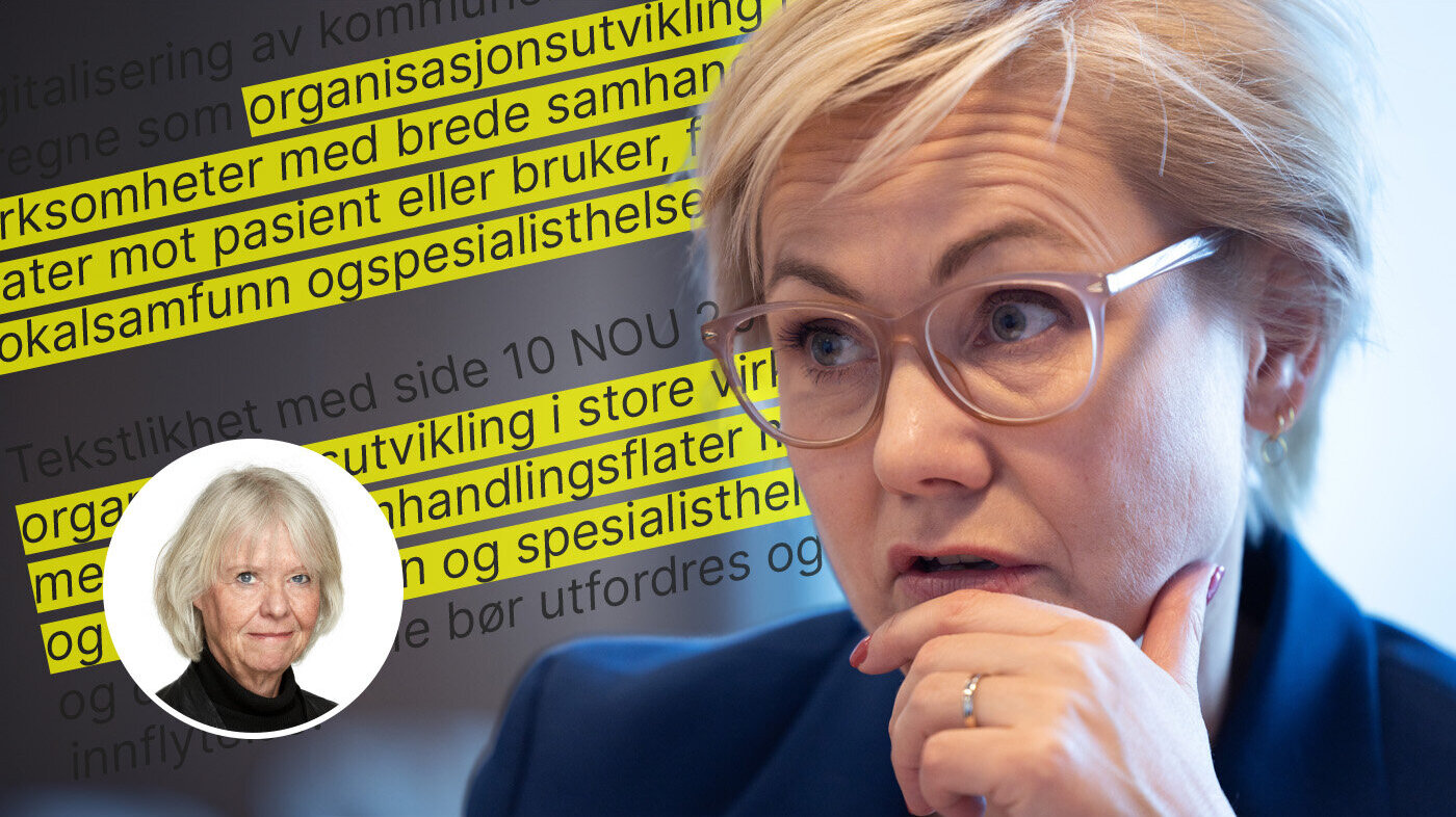 Montasje av Ingvild Kjerkol og tekstutdrag fra mastergraden hennes. Bildet viser en montasje av Ingvild Kjerkol og tekstutdrag fra mastergraden hennes.