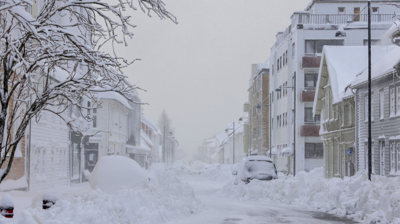 Bildet viser snøkaos i Kristansand