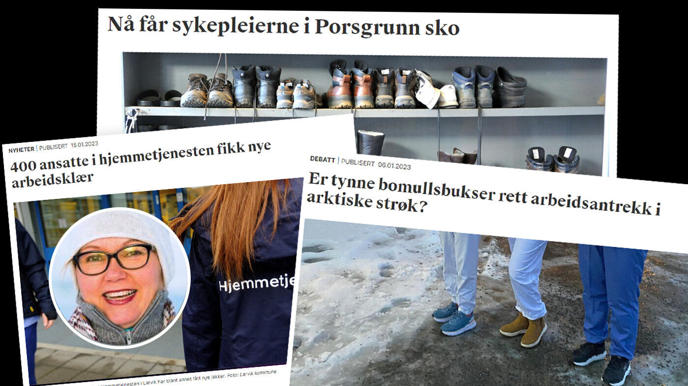 Faksimiler fra saker skrevet om arbeidstøy for sykepleiere. Montasjen viser faksimiler fra saker skrevet om arbeidstøy for sykepleiere.