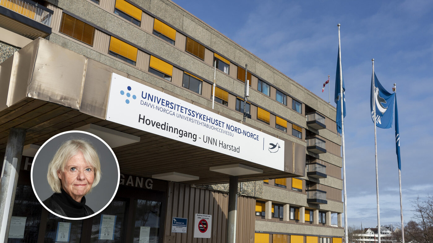 Bildet viser Universitetssykehuset Nord-Norges lokaler i Harstad med et bilde av Sykepleiens redaktør Anne Hafstad innfelt