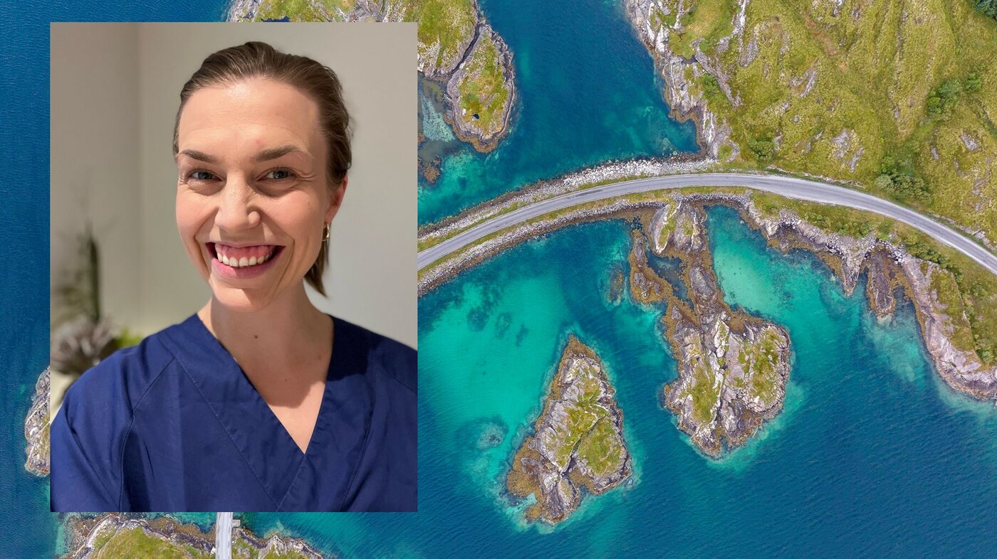 Bildet viser Karina Kvalsund og i bakgrunn et flyfoto av Herøy kommune Bildet viser Karina Kvalsund og i bakgrunn et flyfoto av Herøy kommune