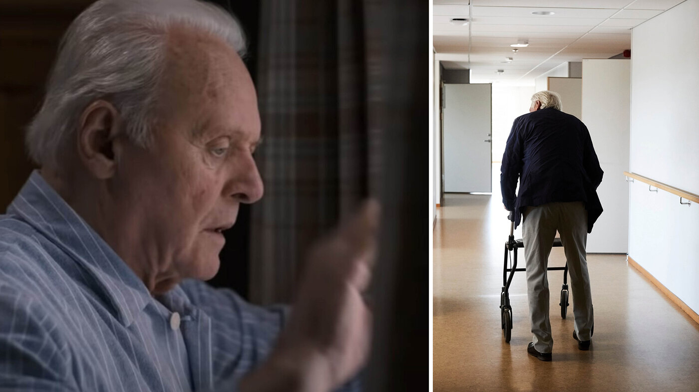 Bildet viser et utsnitt av skuespilleren Anthony Hopkins som er satt sammen med et bilde av mannlige sykehjemsbeboer som bruker prekestol.