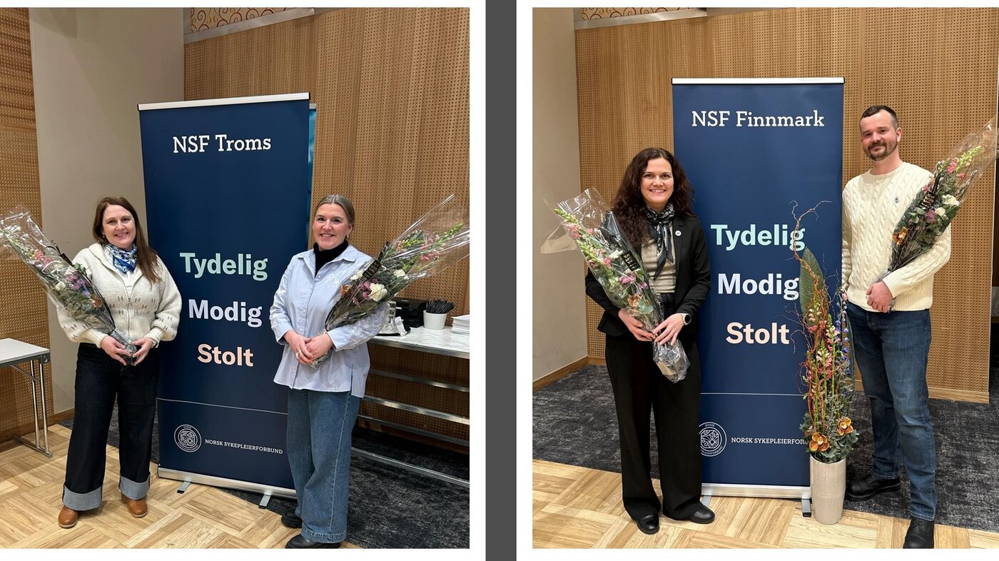 (Fra v.:) Fylkesleder i Troms Linda Therese Norrie og nestleder Randi Rudi . Fylkesleder i Finnmark Åshild Østlyngen og nestleder Jonas Eidsaune Melby. Bildet viser (Fra v.:) Fylkesleder i Troms Linda Therese Norrie og nestleder Randi Rudi . Fylkesleder i Finnmark Åshild Østlyngen og nestleder Jonas Eidsaune Melby.