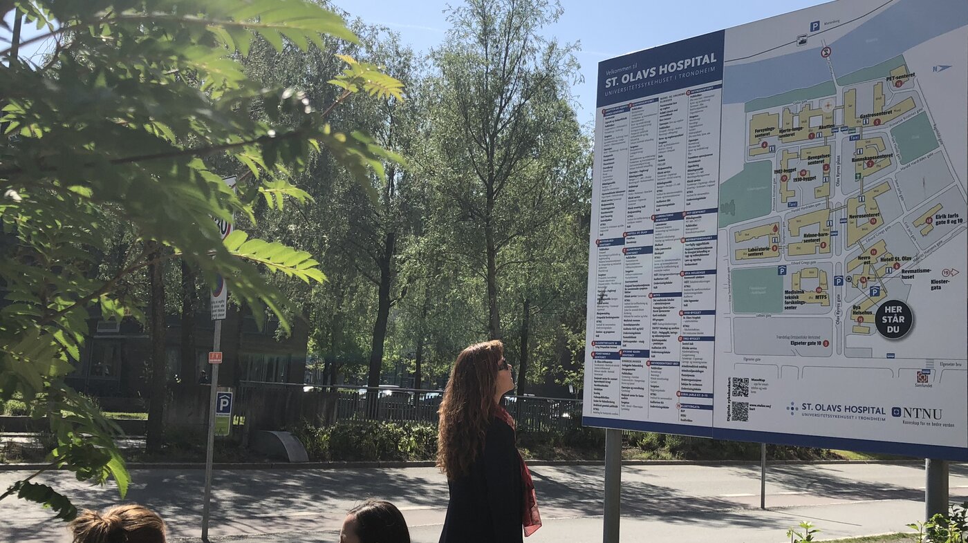 Bildet viser en dame som står foran et digert skilt foran St. Olavs hospital. Skiltet viser informasjon om sykehuset