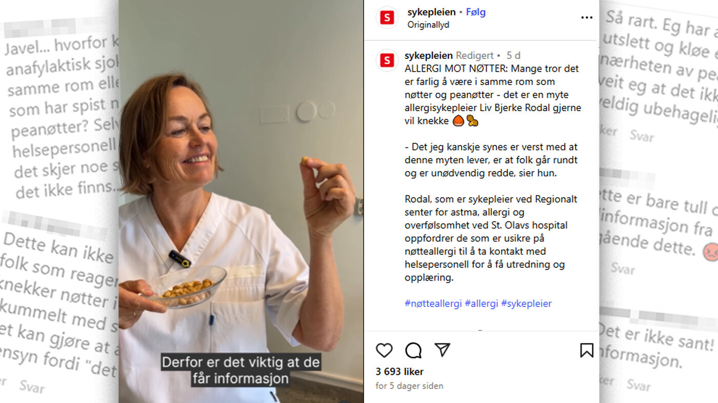 Liv Bjerke Rodal Bildet viser skjermdump fra video om nøtteallergi med kommentarer.