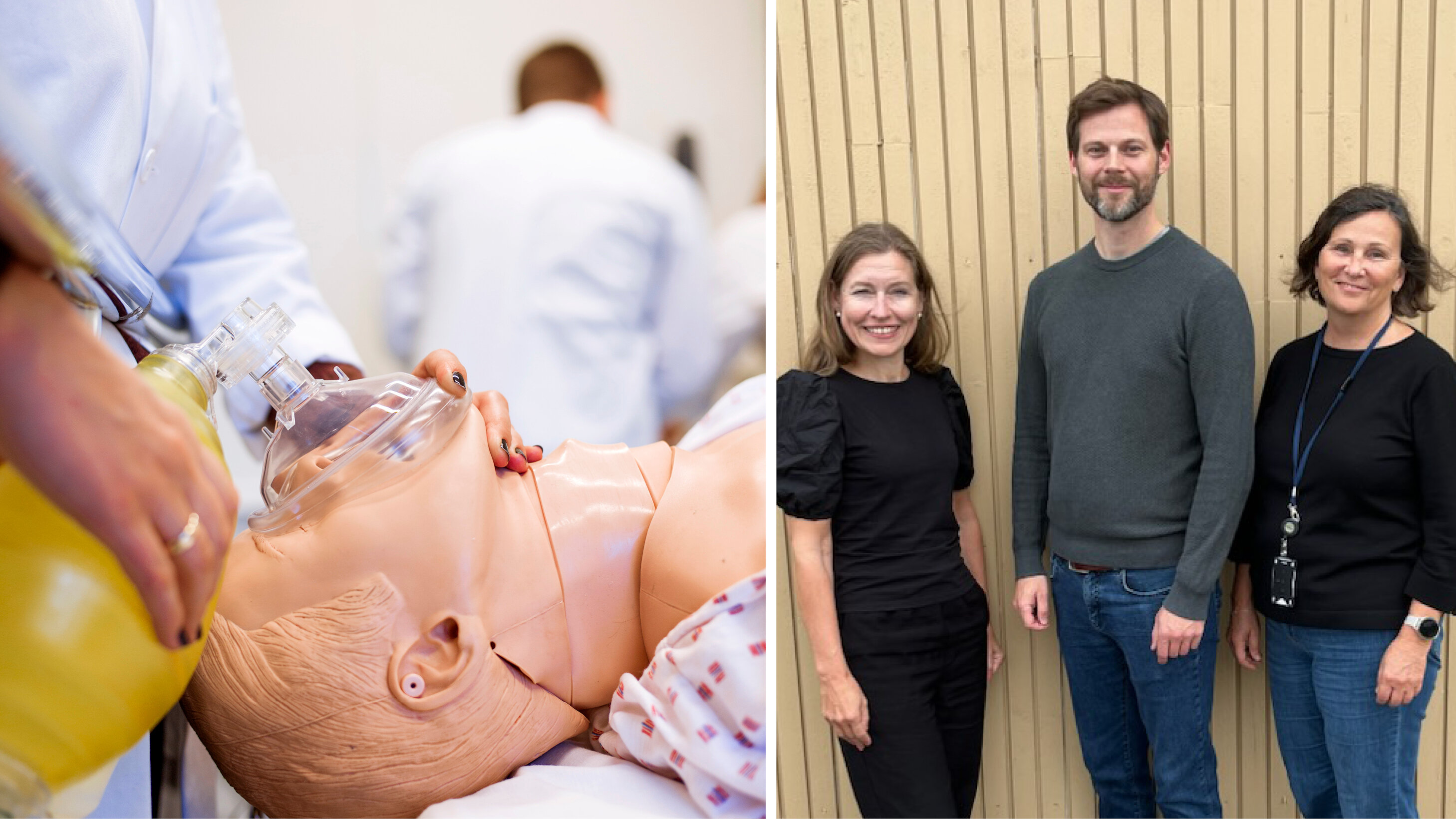 Montasjen viser et bilde av en simuleringsdukke som blir bagget og Kari Hanne Gjeilo, Torkild Andreas Stavik og Stine Sundrosen