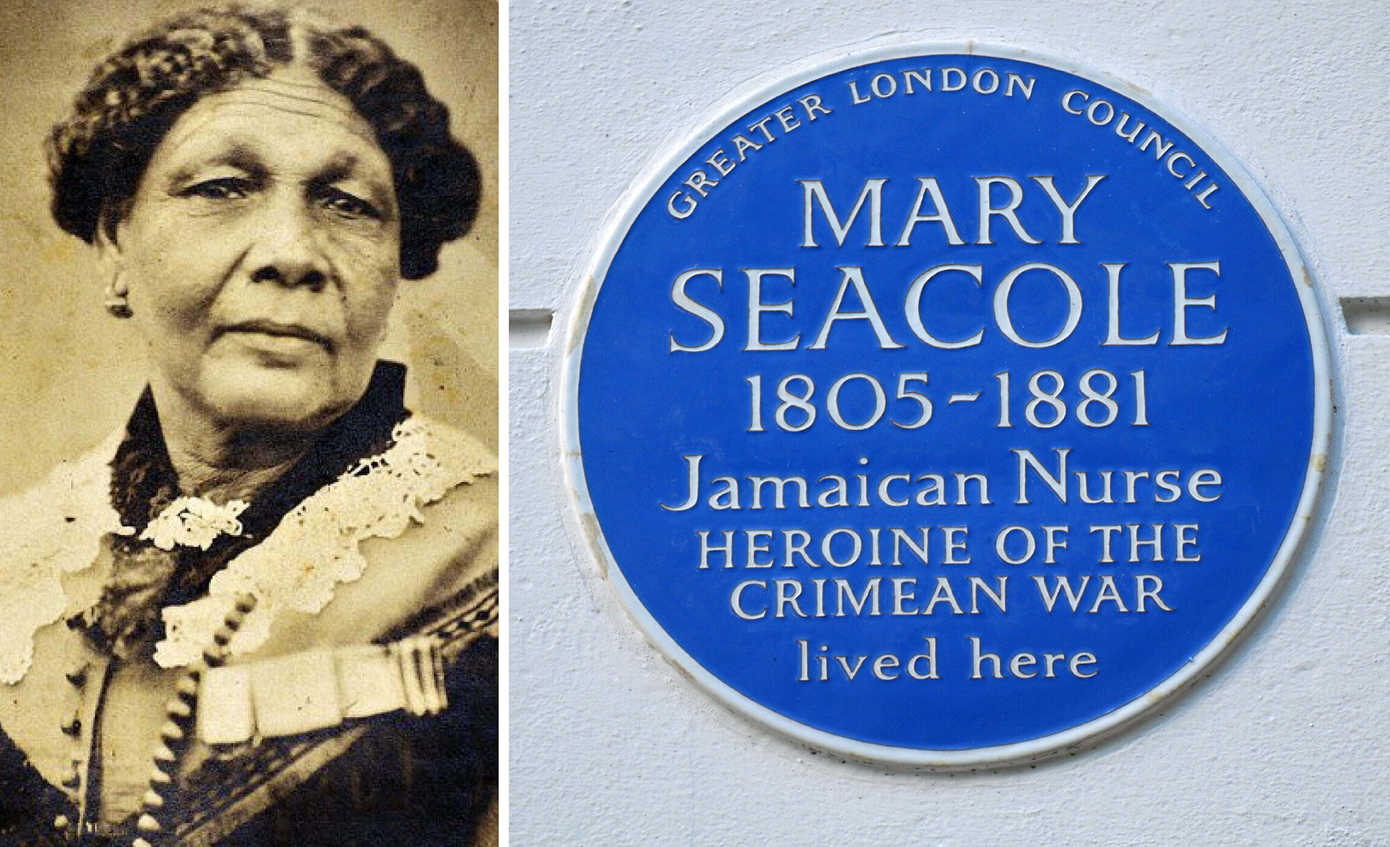 Bildet viser Mary Seacole og en plakett som hedrer henne.