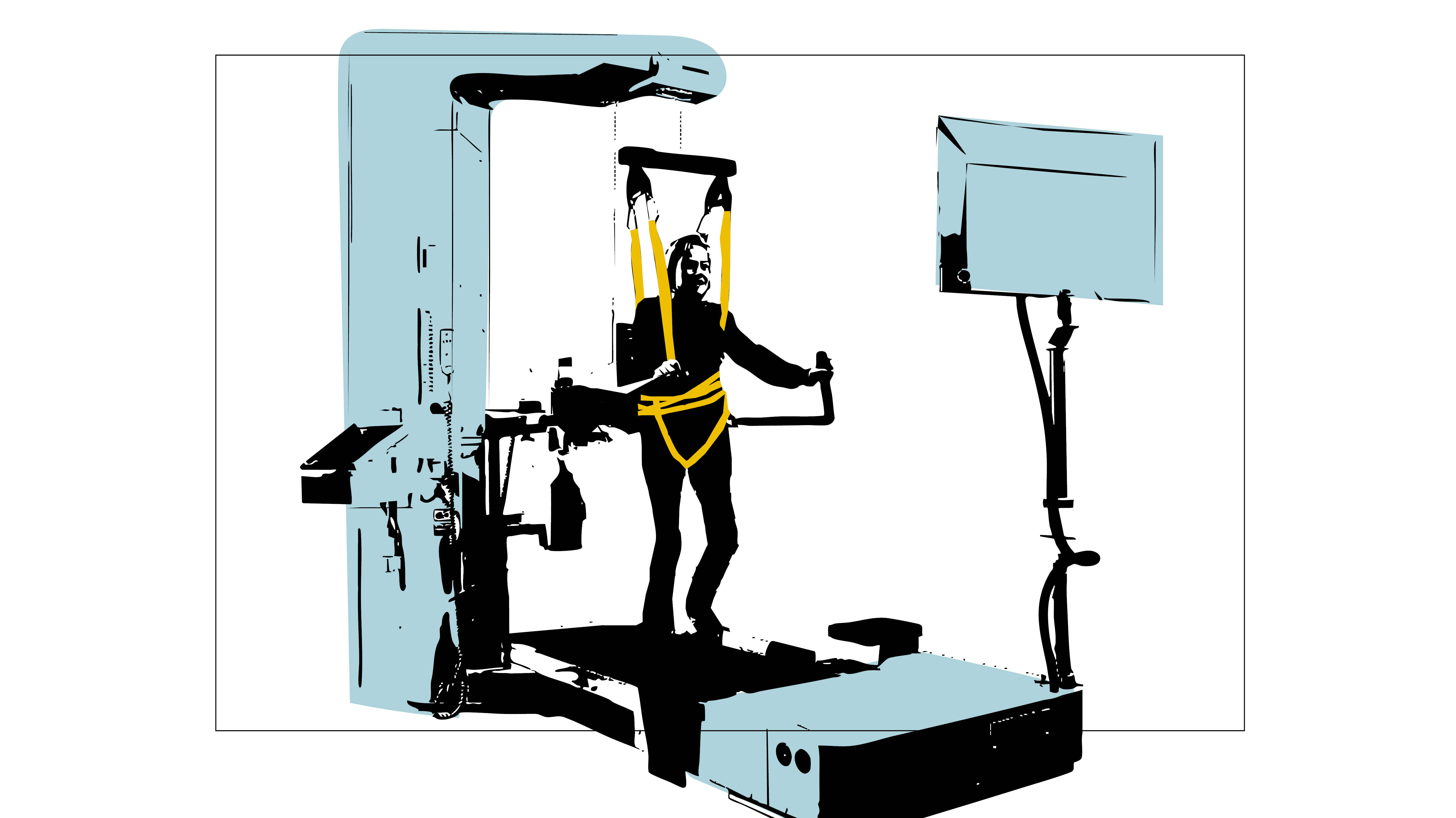 Illustrasjonen viser en person som driver med robotassistert gangtrening ved hjelp av en slags tredemølle