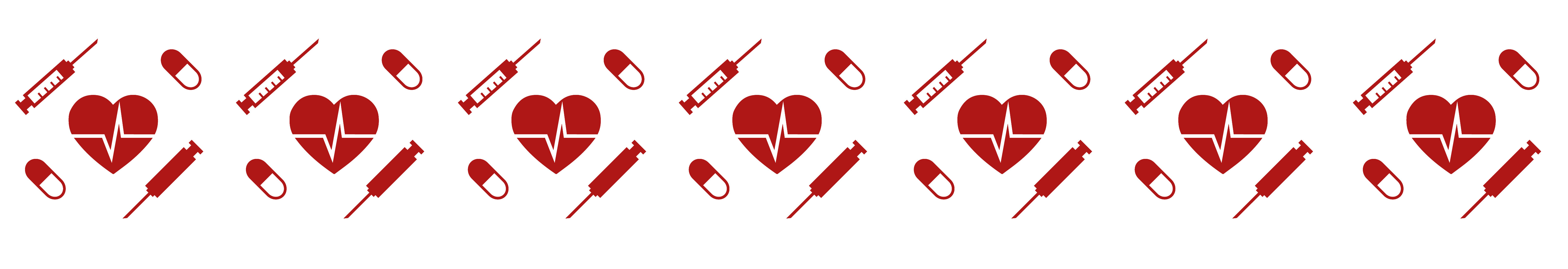 Illustrasjonen viser et mønster med pille, sprøyte og hjerte.