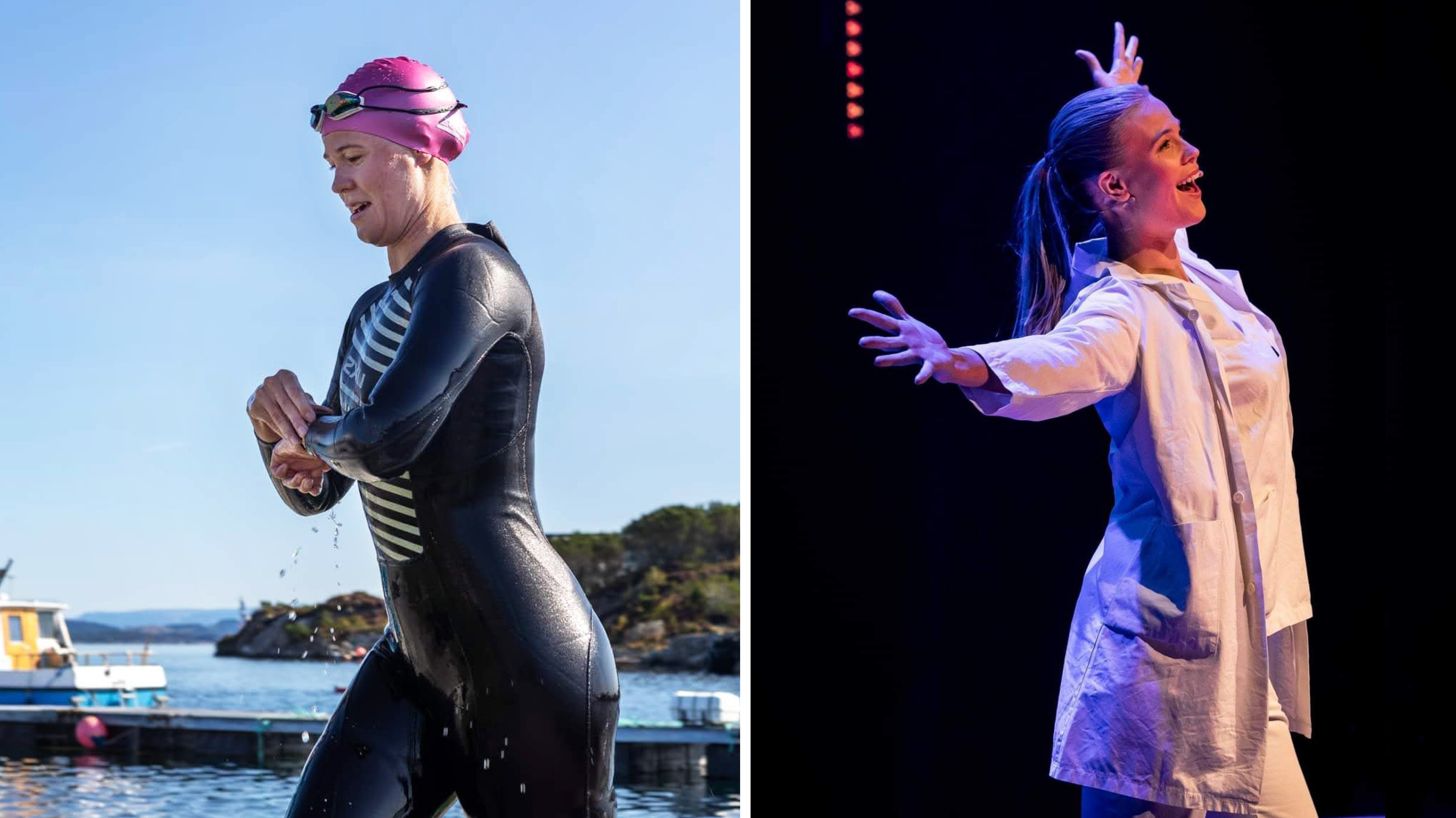 Bildet viser Line Hammeren i et triatlon og i revy