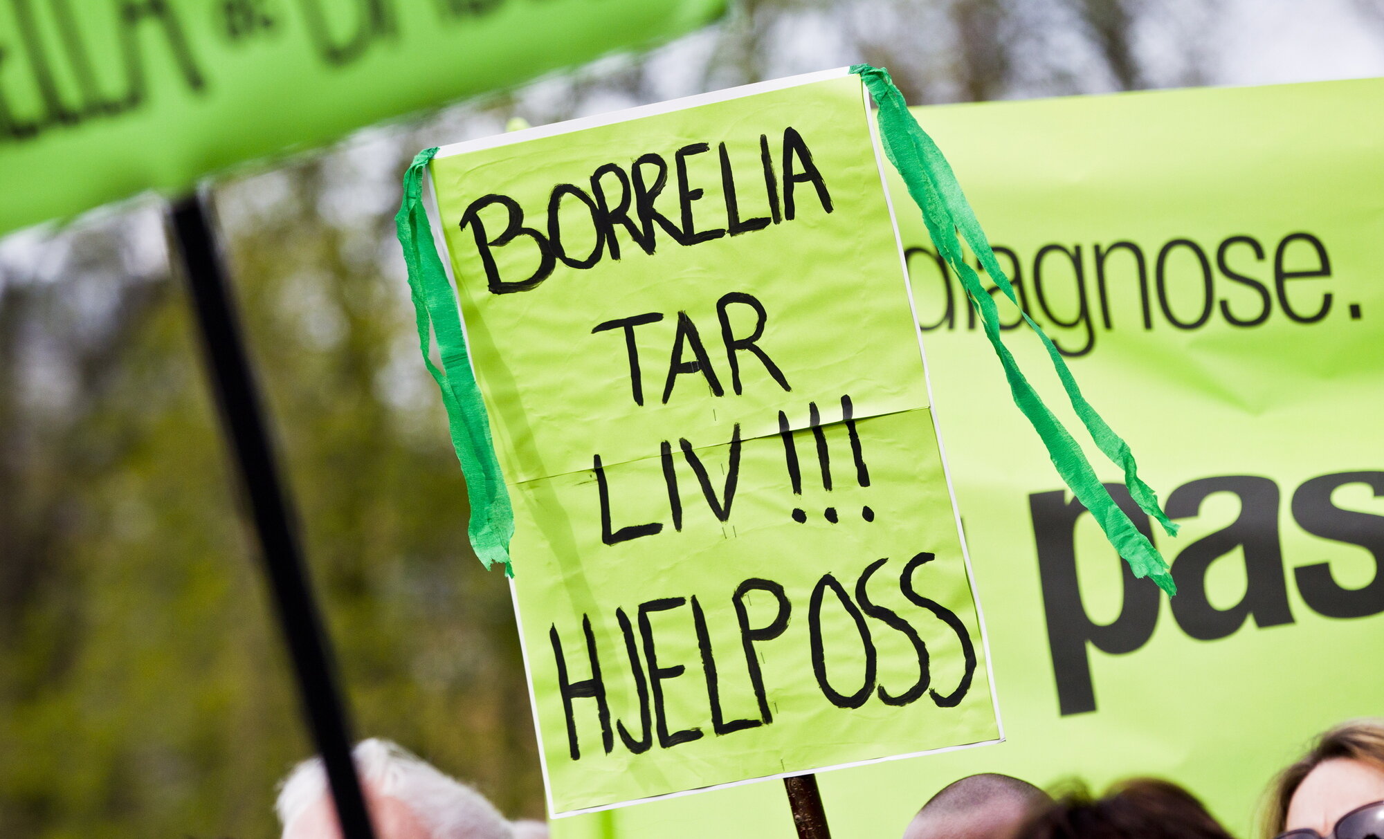 Bildet viser et protestskilt hvor det står "Borrelia tar liv, hjelp oss".