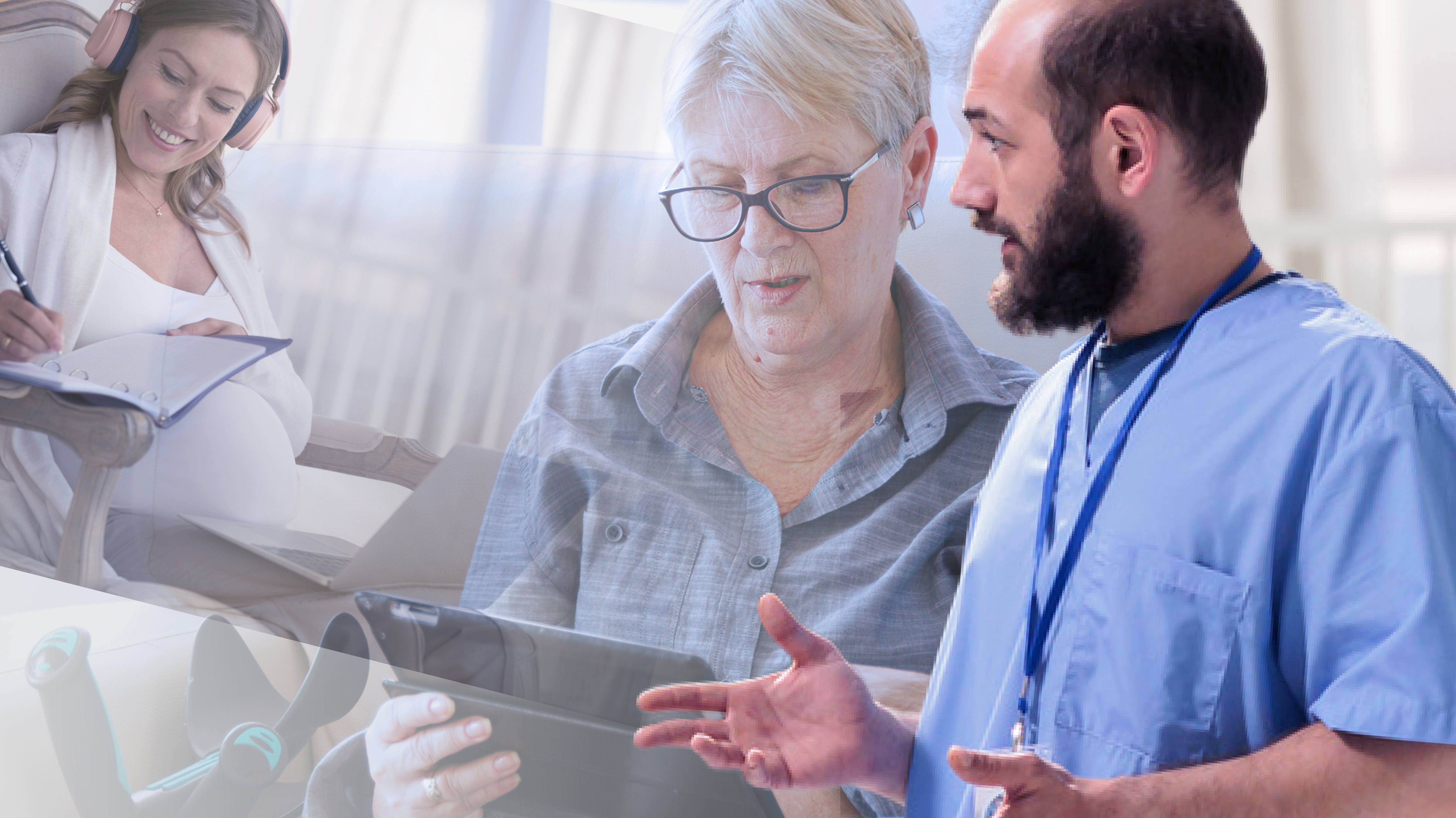 Bildet viser en montasje av sykepleiere og pasienter som leser helseinformasjon på nettet