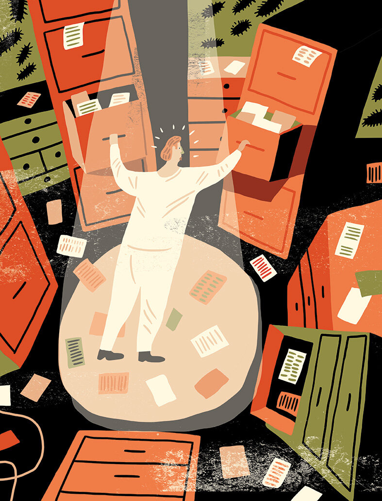 Illustrasjonen viser en sykepleier i et arkivrom.