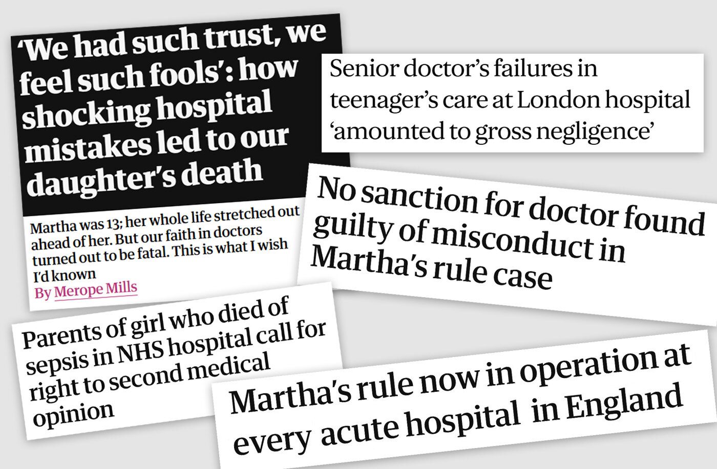 Bildet viser faksimiler fra engelske aviser om saken Martha's rule.