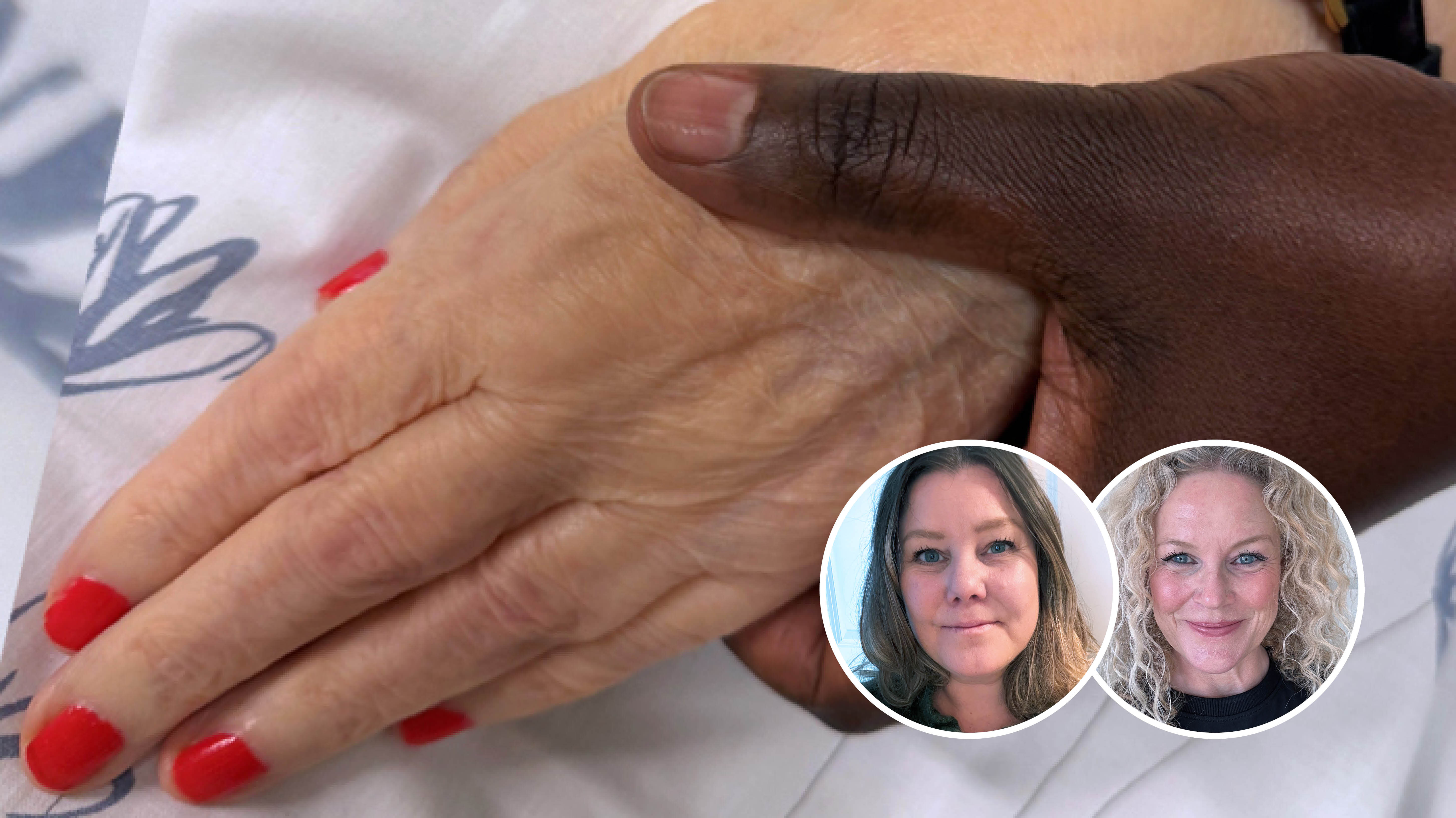 Bildet viser en mørk hånd som holder rundt en hvit hånd