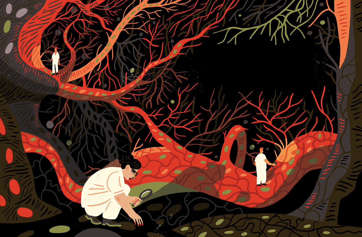 Illustrasjonen viser sykepleiere som går på jakt inni kroppen.