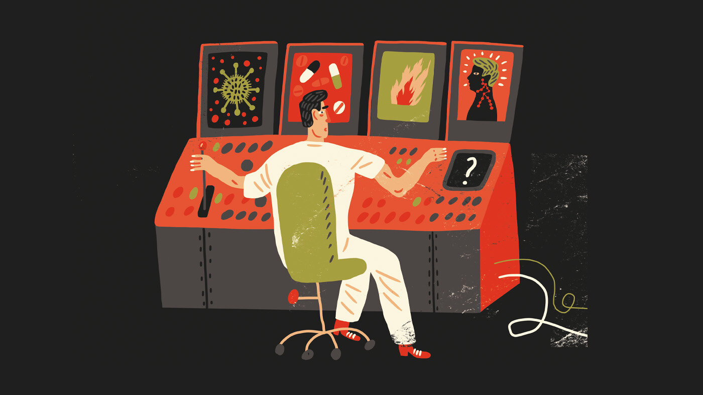 Illustrasjonen viser en sykepleier i et kontrollrom med flere skjermer.