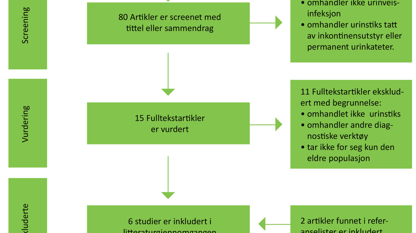 Figuren viser PRISMA-flowchart over søke- og utvalgsprosessen. 