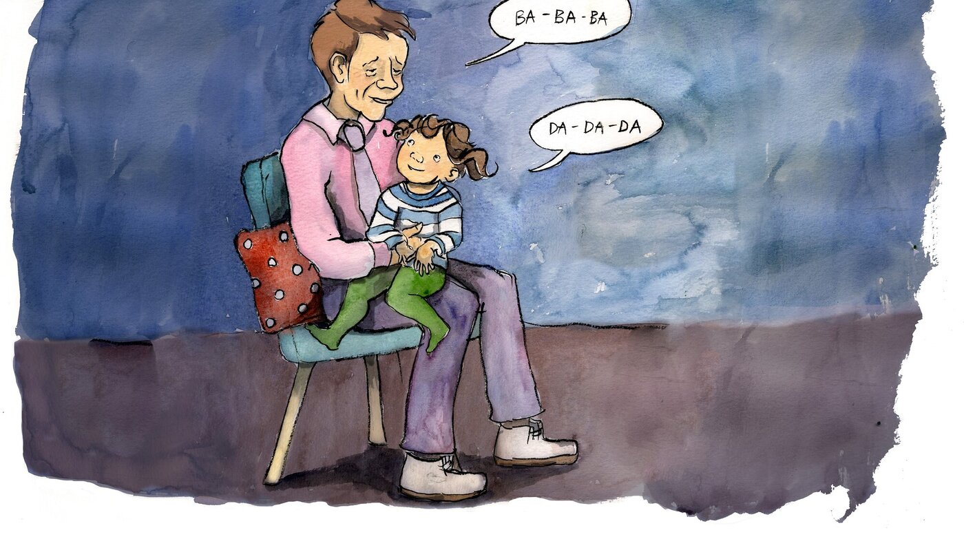Illustrasjonen viser et barn som sitter på fanget til et barn. Barnet sier Da-da-da, og mannen svarer Ba-ba-ba
