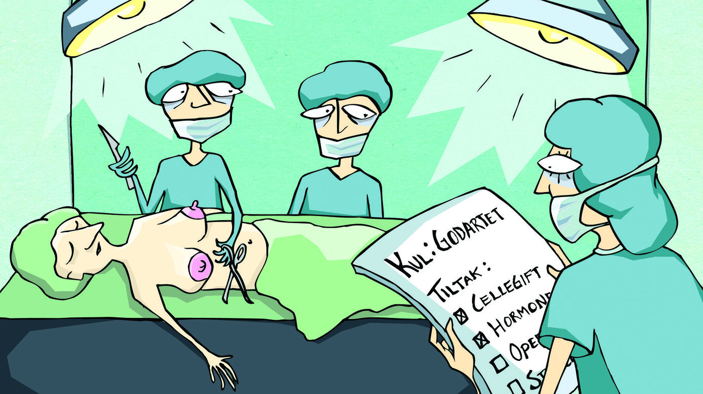 overbehandling, helsevesen, helseøkonomi Illustrasjonen viser kirurger ved et operasjonsbord, der det ligger en kvinne som tydeligvis får fjernet en kul fra et bryst.