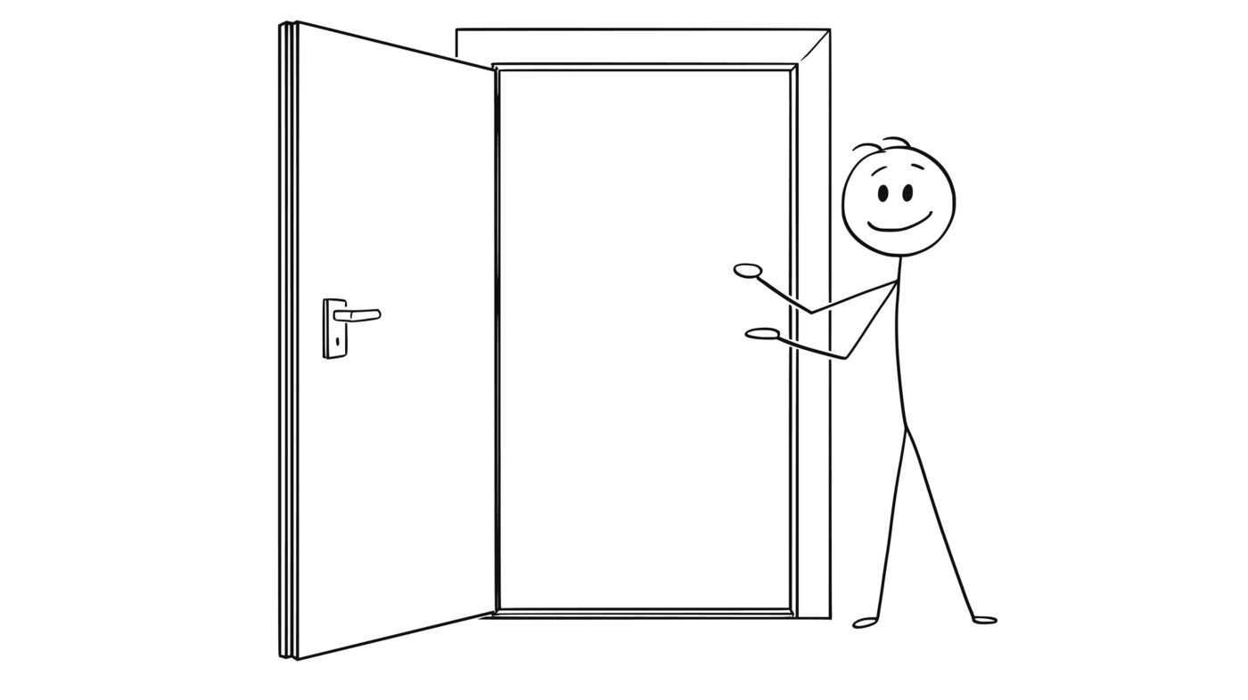 Bildet viser en strektegning av én som åpner døren for noen.