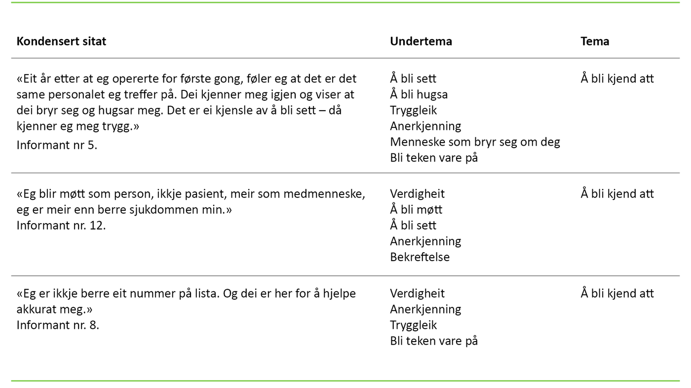 Tabell 1. Eksempel på analyse av temaet «Å bli kjend att»