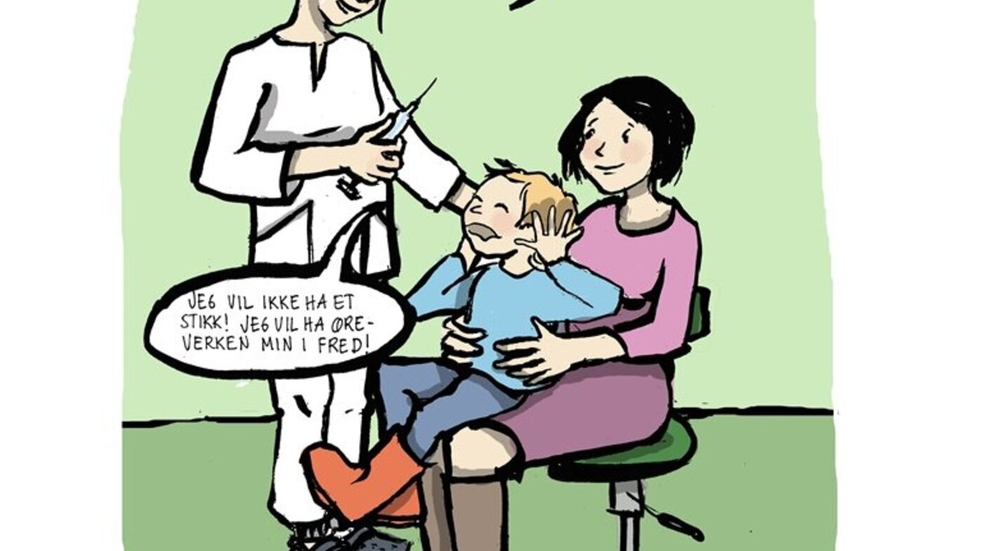 Tegning av en sykepleier som skal gi influensavaksine til en liten gutt