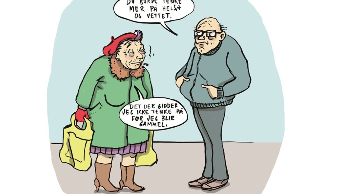 Eldre forebygging demens Tegning av to eldre personer som møtes på gata.