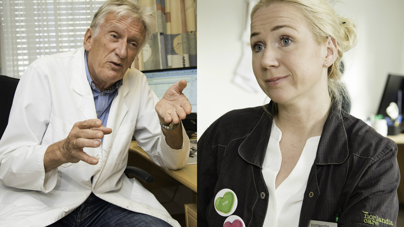 Bildetmontasjen viser lege Lorenz Nitter til venstre og daglig leder ved Orkerød sykehjem, Sissel Ruud-Hansen.