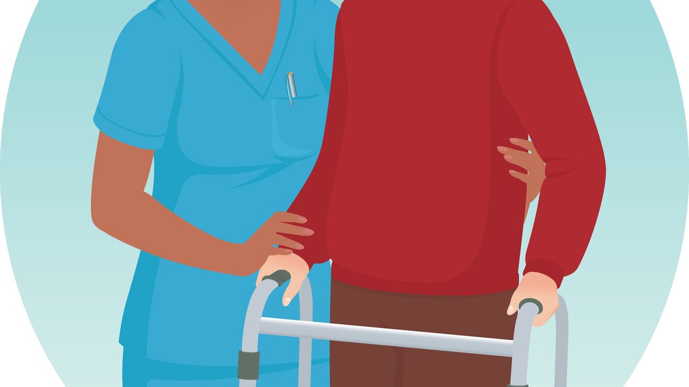 Tegning av sykepleier og eldre mann med gåstol.