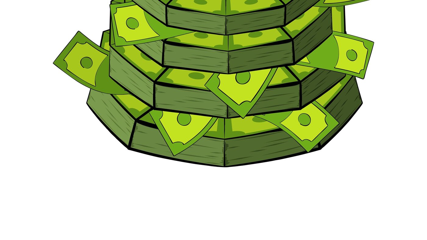 Illustrasjonen viser en kake som er laget av grønne pengesedler.