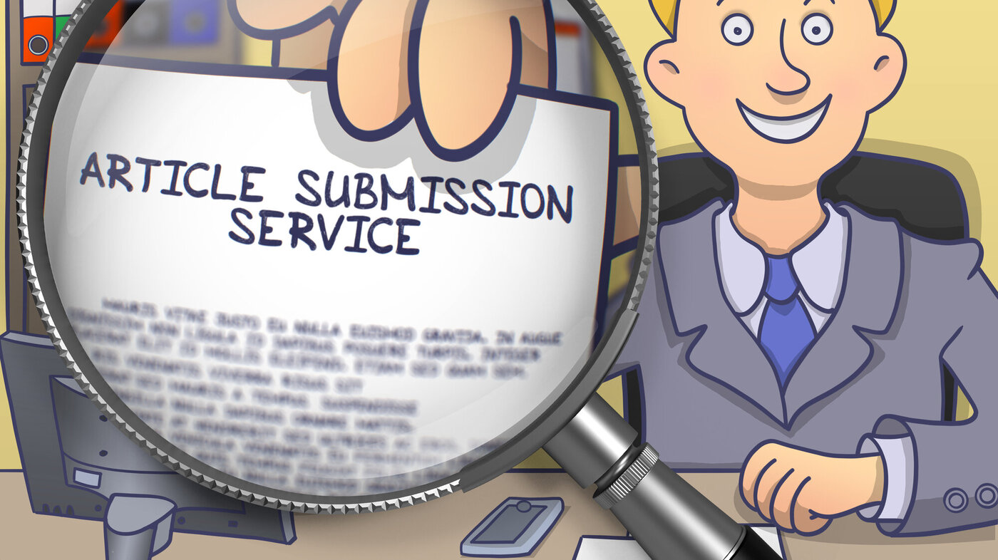 Mann på kontor Illustrasjon av en mann på kontor som holder opp en artikkel som ses gjennom et forstørrelsesglass. Teksten på artikkelen lyder: "Article Submission Service".