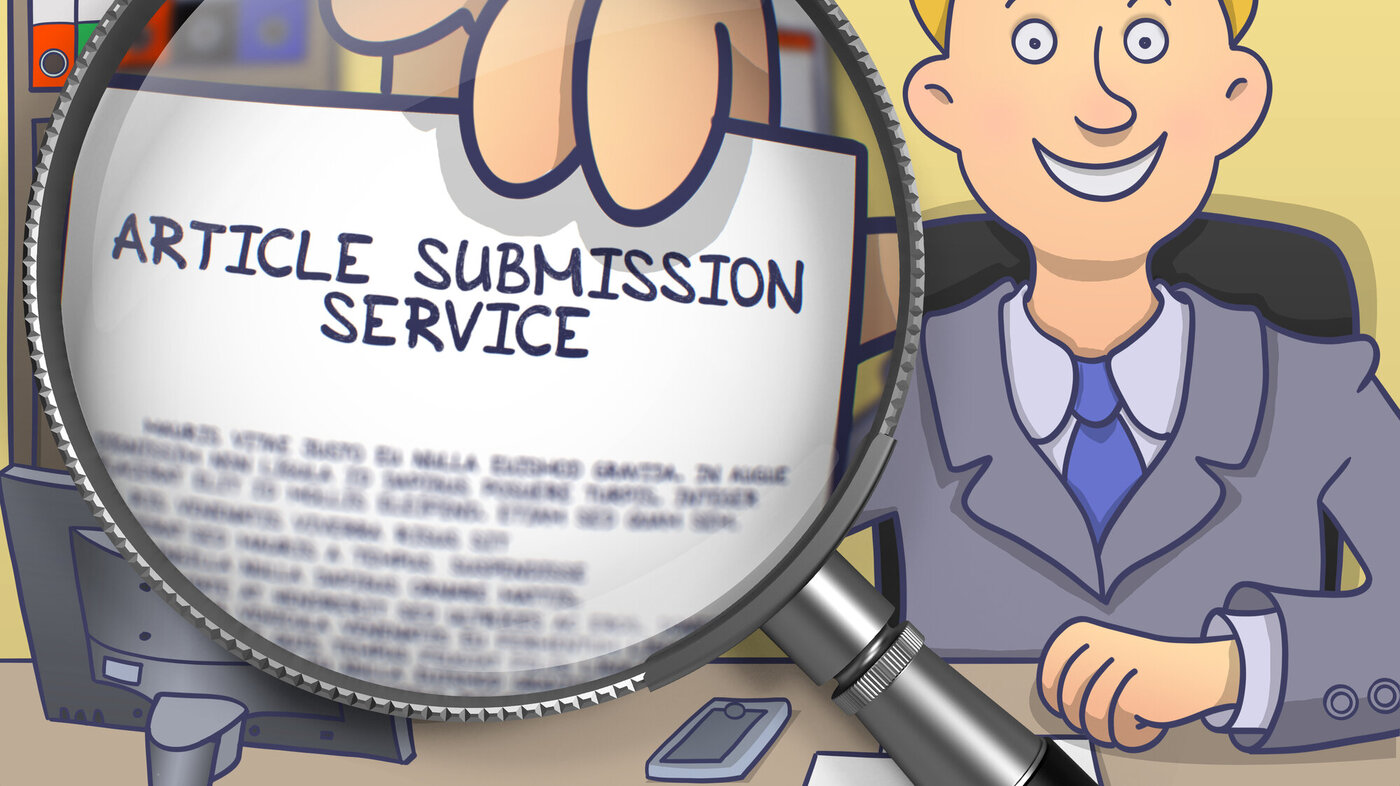 Illustrasjon av en mann på kontor som holder opp en artikkel som ses gjennom et forstørrelsesglass. Teksten på artikkelen lyder: "Article Submission Service".