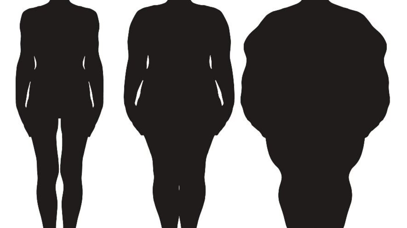 Tre siluoetter av kvinnekropper: en tynn, en middels en tykk