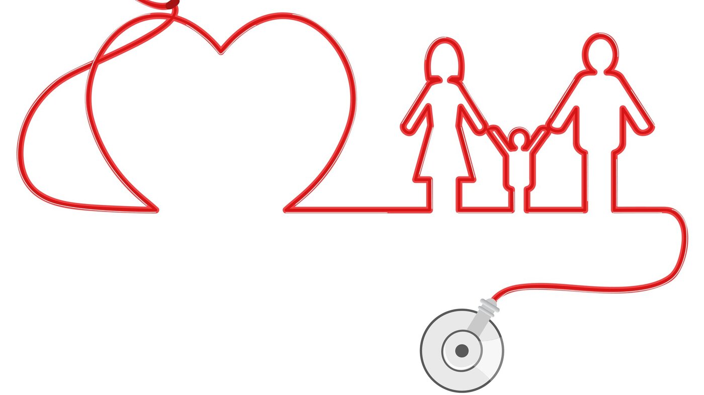 Illustrasjonen viser et hjerteformet stetoskop rundt en familie.