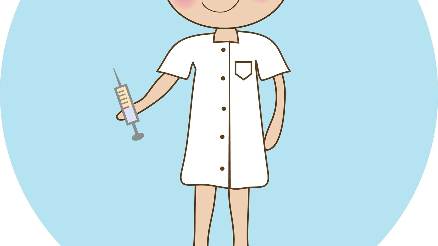 Tegningen viser en sykepleier i kjole og med en sprøyte.