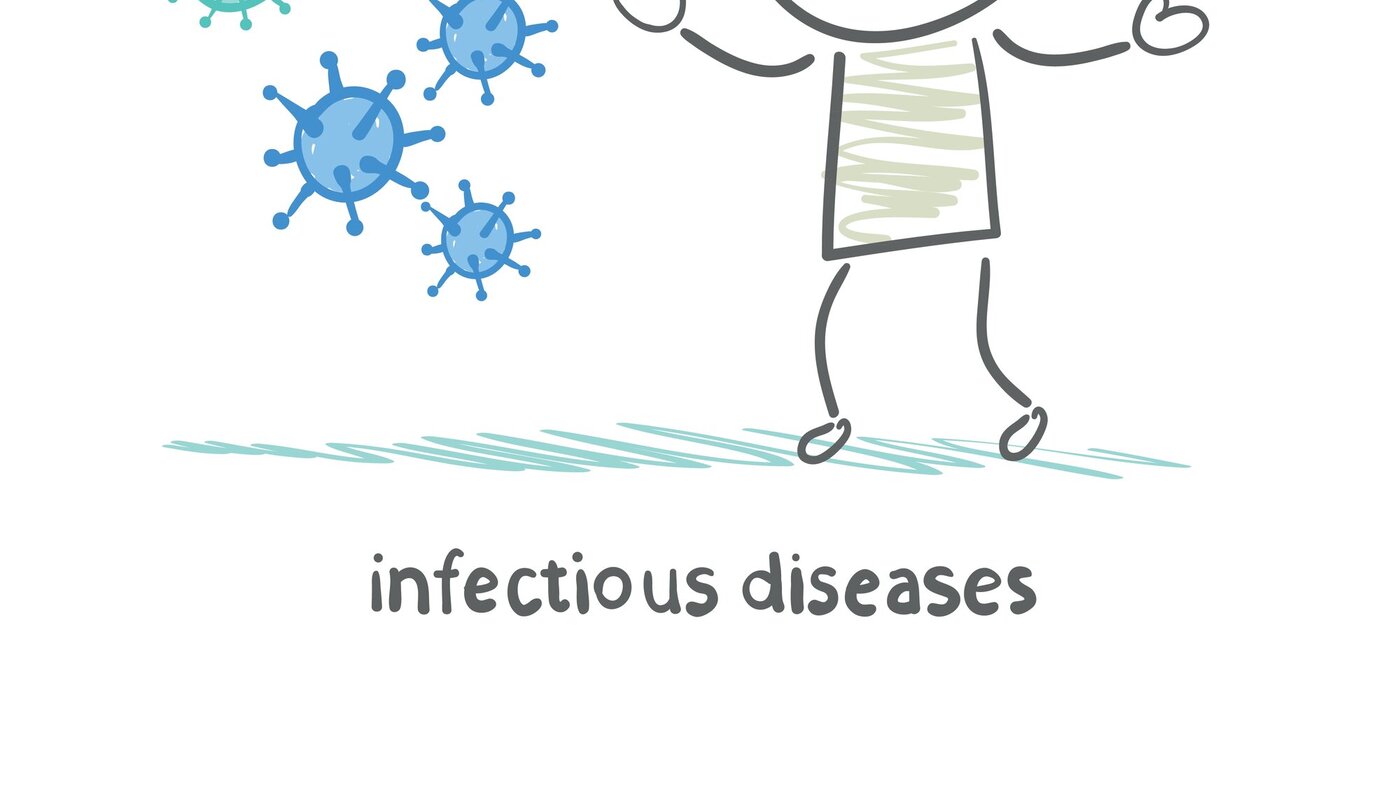 Illustrasjonen viser et strekmenneske i sykepleierdrakt som holder hendene ut og rundt danser mikrober.