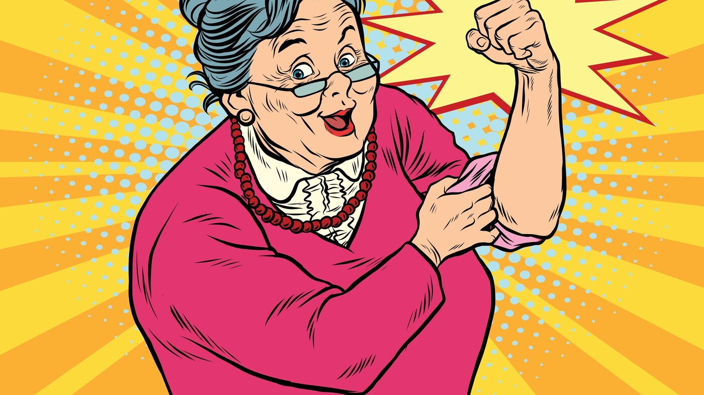 Tegning av en eldre dame som viser muskler