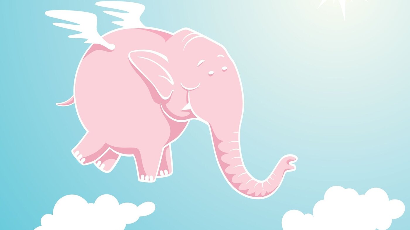 Illustrasjon av rosa elefant omgitt av skyer