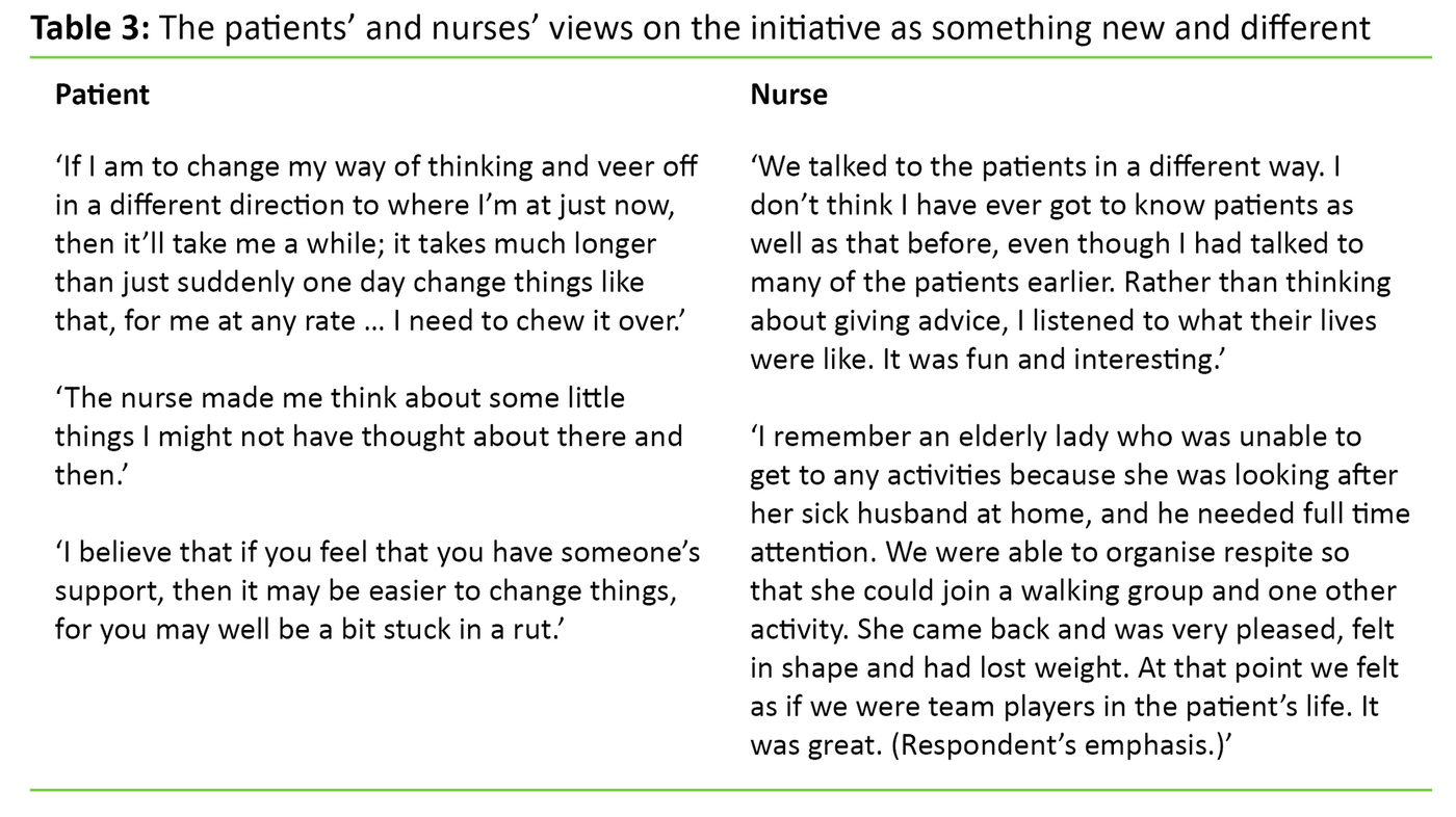 Table 3. The patients’ and nurses’ views on the initiative as something new and different