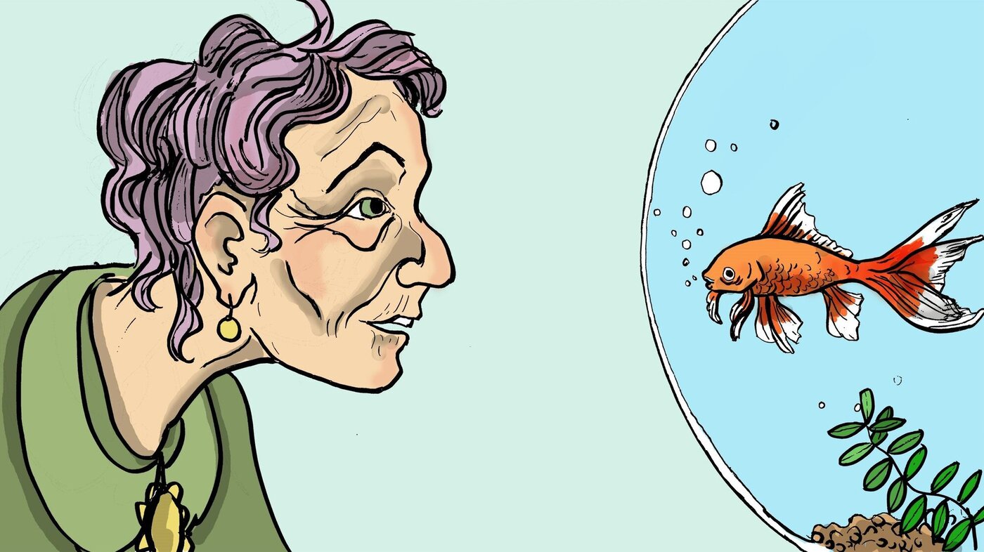 Illustrasjonen viser en eldre kvinne som kikker inn på en gullfisk i en rund gullfiskbolle