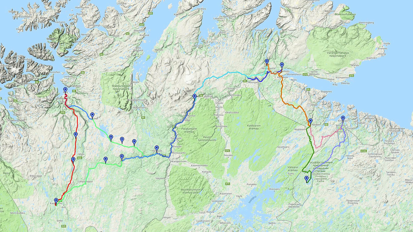 Google map av kjøreruta for Finnmarksløpet