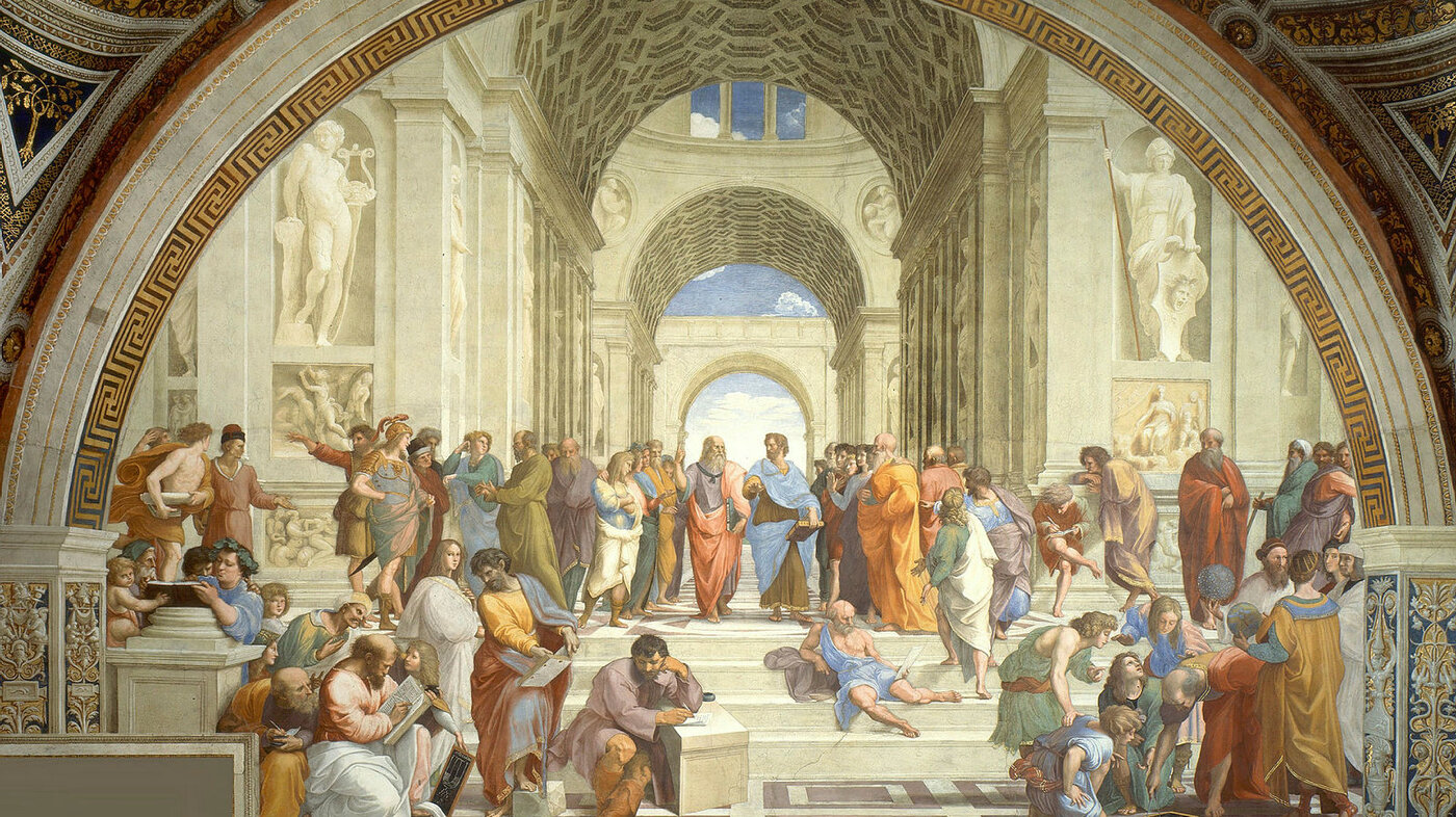 Bildet er Rafaels berømte maleri fra skolen i Aten, hvor Platon og Aristoteles sees sentralt i bildet