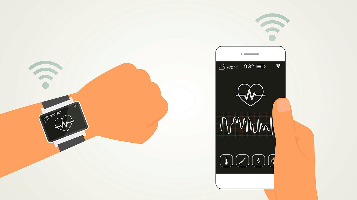 Illustrasjonen viser en smarttelefon med en helseapp som kommuniserer med et armbåndsur.