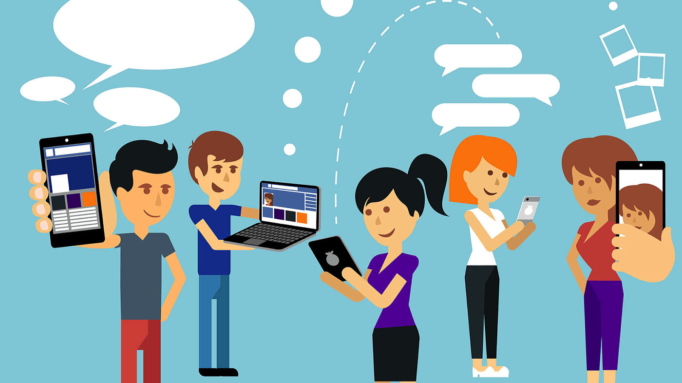 Illustrasjonen viser unge mennesker med PC-er og mobiltelefoner. De kommuniserer med hverandre og leser informasjon.