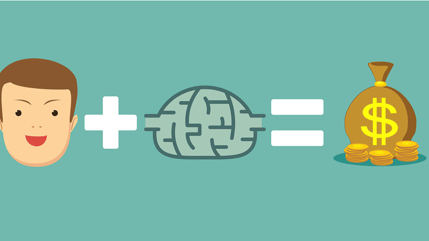 Illustrasjonen viser regnestykket: et ansikt + en hjerne = en pengesekk