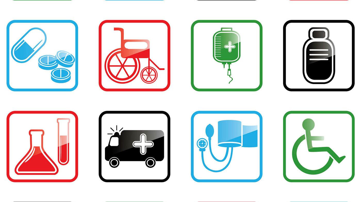Illustrasjon av ulike ikoner knyttet til helsevesenet